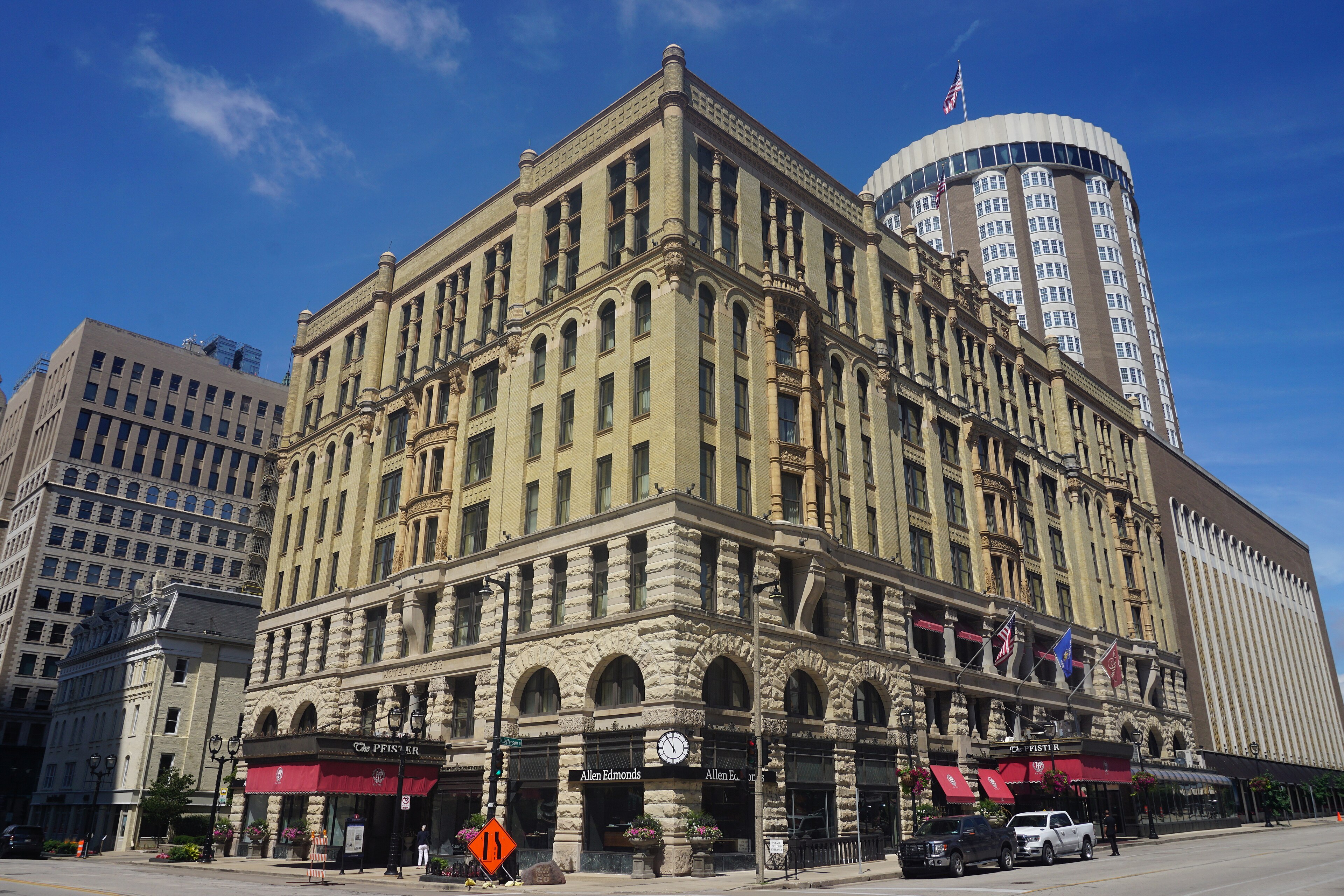 The Pfister Hotel Romanesque Revival exterior, Milwaukee, opened in 1893